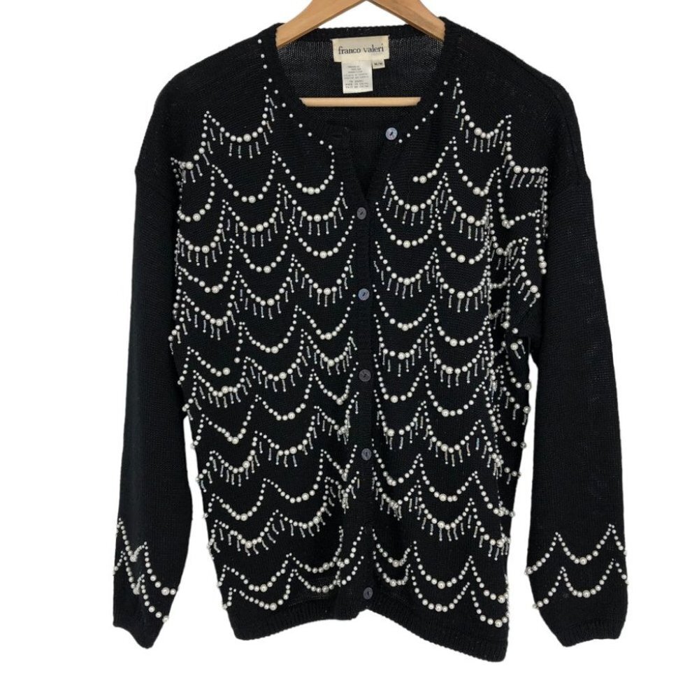 Vintage Franco Valero Black Pearl Embroidered Buttoned Wool blend Cardigan